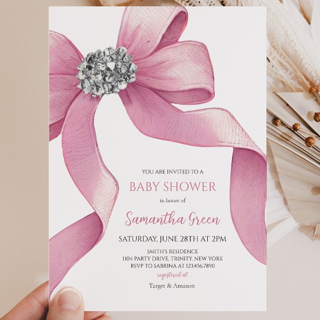 Invitación Fiesta de Baby Shower con Lazo Rosa (Subido por el creador)