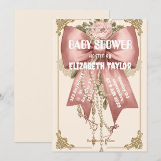 Invitación fiesta de baby shower con lazo rosa coquette