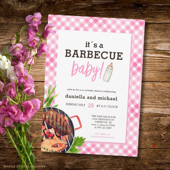 Invitación Fiesta de Baby Shower con Mantel de Cuadros Rústic (Front of the invitation is shown in 5x7-inch. Choose size, paper, and corner style.)