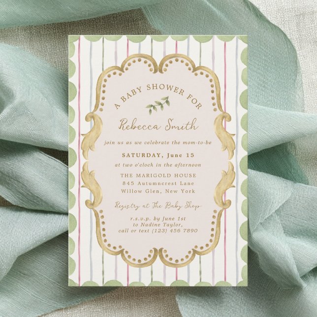 Invitación Fiesta de Baby Shower con Marco Botánico Preppy Gr (Subido por el creador)