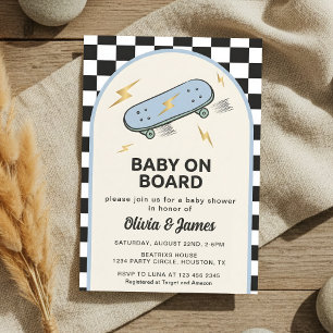 Invitación Fiesta de baby shower con monopatín para bebé a bo