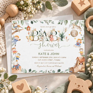 Invitación Fiesta de Baby Shower con Rimas Infantiles y Verdo