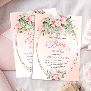 Invitación Fiesta de Baby Shower con Rosas Rosadas y Brillo D