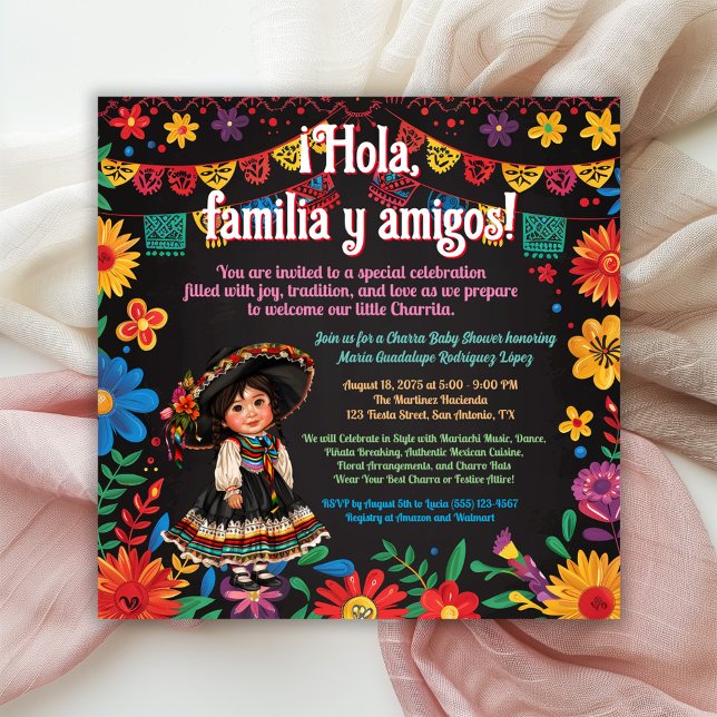 Invitación Fiesta de Baby Shower con tema Floral Charra (Girl fiesta baby shower invitation with bright flowers and adorable baby girl charra.)