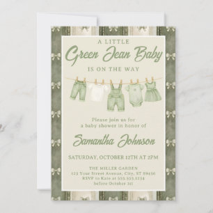 Invitación Fiesta de Baby Shower con Vaqueros Verde Salvia