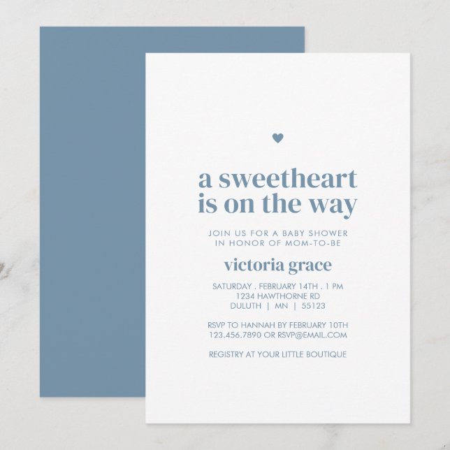 Invitación Fiesta de Baby Shower de Azul Un Corazón Dulce (Anverso / Reverso)