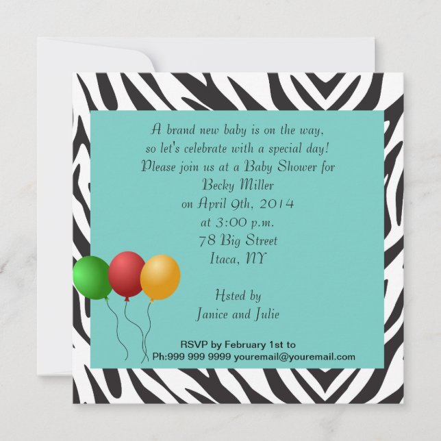 Invitación Fiesta de baby shower de cebra azul turquesa (Anverso)