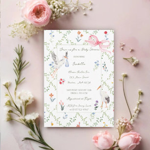 Invitación Fiesta de Baby Shower de Cigüeña Vintage, Rosa y L