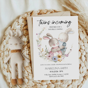 Invitación Fiesta de Baby Shower de Conejo Gemelos por Llegar