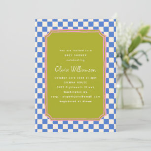 Invitación Fiesta de Baby Shower de Cuadrados Azules Oliva Ro