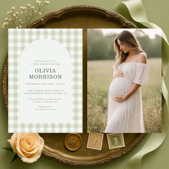 Invitación Fiesta de Baby Shower de Cuadrillé Verde Sage con  (Subido por el creador)