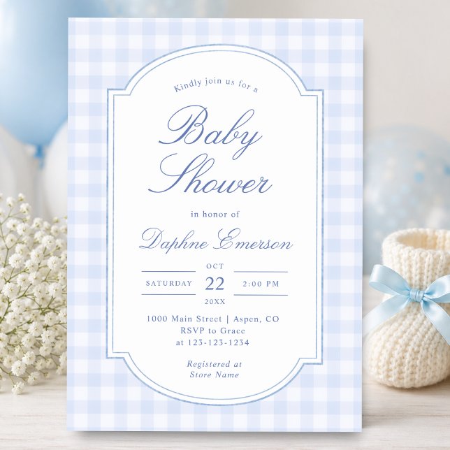 Invitación Fiesta de Baby Shower de Cuadro Azul (Blue Gingham Baby Shower Invitation
)
