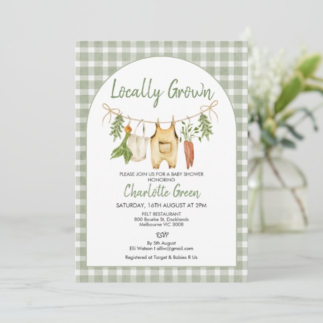 Invitación Fiesta de Baby Shower de Cuadros Verdes Rústicos d (Anverso de pie)