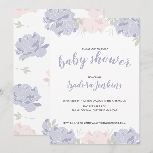Invitación Fiesta de Baby Shower de Cute Pastel Peonies (Anverso / Reverso)