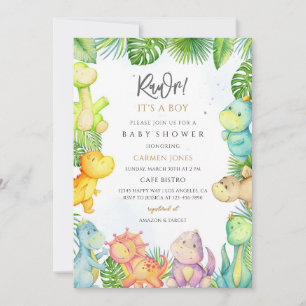 Invitación Fiesta de Baby Shower de Dinosaurio para Niño Verd