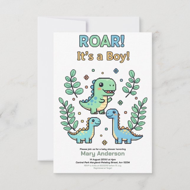 Invitación Fiesta de baby shower de dinosaurio pixelado verde (Anverso)