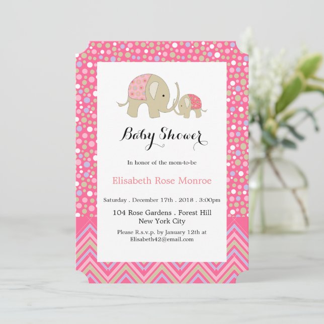 Invitación Fiesta de Baby Shower de Elefante Bohemio Rosa y C (Anverso de pie)