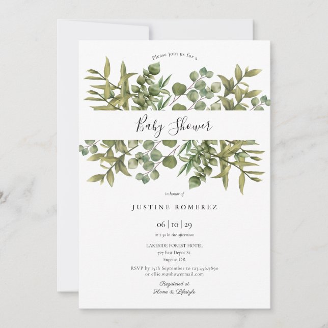 Invitación Fiesta de Baby Shower de Eucalipto Bosque (Anverso)