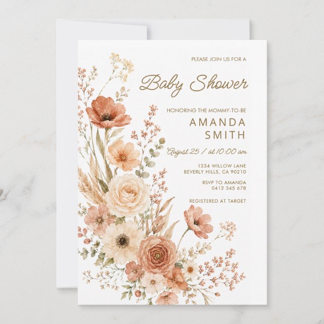 Invitación Fiesta de Baby Shower de Flores Silvestres Boho de (Anverso)