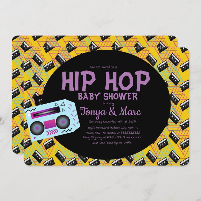Invitación Fiesta de Baby Shower de Hip Hop con Cassette Boom (Anverso / Reverso)