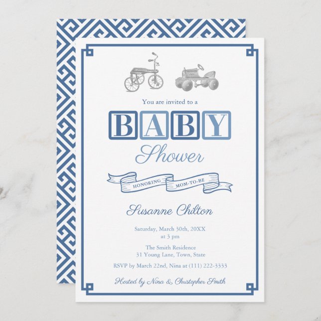 Invitación Fiesta de Baby Shower de Juguetes de cosecha blanc (Anverso / Reverso)