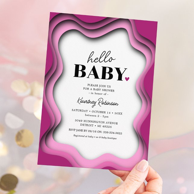 Invitación Fiesta de Baby Shower de la Chica Onda Retro Rosa (Subido por el creador)