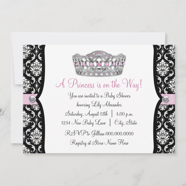 Invitación Fiesta de Baby Shower de la Princesa Rosa Damask N (Anverso)