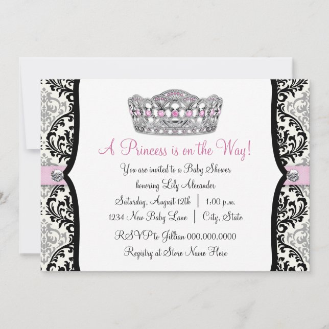 Invitación Fiesta de Baby Shower de la Princesa Rosa Damask N (Anverso)