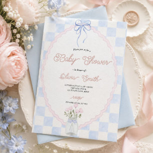 Invitación Fiesta de Baby Shower de lazo a cuadros Coquette 