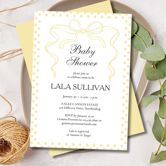 Invitación Fiesta de Baby Shower de Lazo Coquette de Lunares  (Yellow Polka Dot Coquette Bow Baby Shower Invitation)