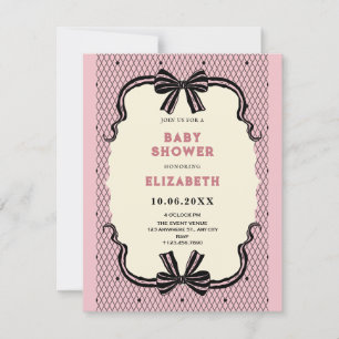 Invitación Fiesta de baby shower de lazo retro negro rosa