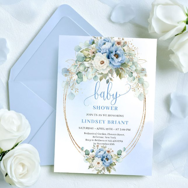 Invitación Fiesta de Baby Shower de Lujo Boho Azul Polvorient (Luxury Boho Dusty Blue Greenery Gold Baby Shower)