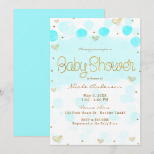 Invitación Fiesta de Baby Shower de lunares y corazones en az