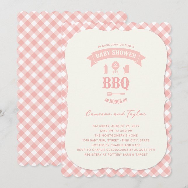 Invitación Fiesta de Baby Shower de Niña Chic BBQ en Rosa Pas (Anverso / Reverso)