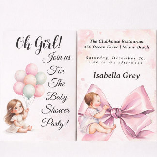 Invitación Fiesta de Baby Shower de Niña con Lazo Rosa y glob