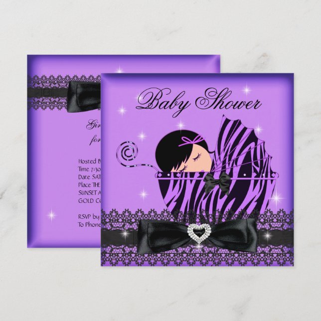 Invitación Fiesta de Baby Shower de Niña Encaje Negro Morado (Anverso / Reverso)