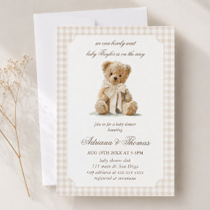 Invitación Fiesta de Baby Shower de Oso Vintage a Cuadros