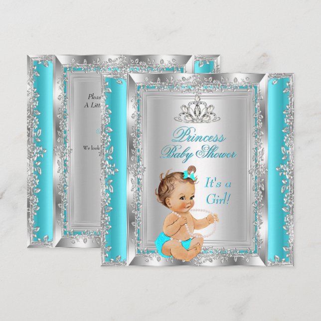 Invitación Fiesta de Baby Shower de Princesa Azul Plateado Mo (Anverso / Reverso)