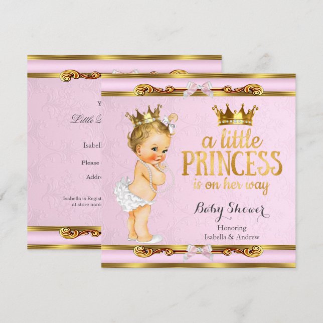 Invitación Fiesta de Baby Shower de Princesa Pequeña Rosa Dor (Anverso / Reverso)