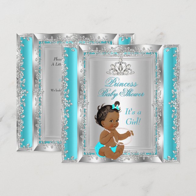 Invitación Fiesta de Baby Shower de Princesa Teal Plateado Ét (Anverso / Reverso)