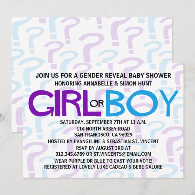 Invitación Fiesta de Baby Shower de revelaciones moradas y az (Anverso / Reverso)