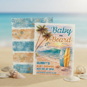 Invitación Fiesta de Baby Shower de Surf Retro en la Playa