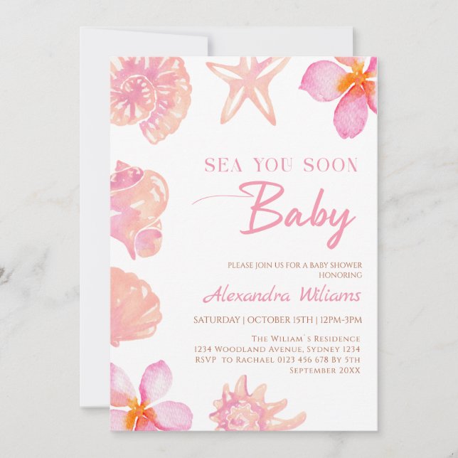 Invitación Fiesta de Baby Shower de Verano con Conchas de Mar (Anverso)