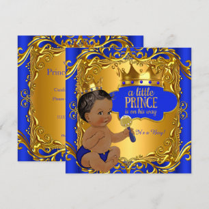 Invitación Fiesta de Baby Shower del Príncipe Real Azul Dorad