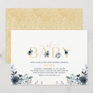 Invitación Fiesta de Baby Shower Elegante Boho Floral Azul Ma