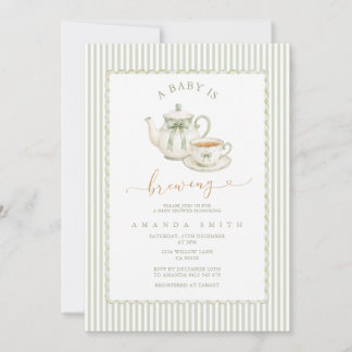 Invitación Fiesta de Baby Shower Elegante de Rayas Verde Salv