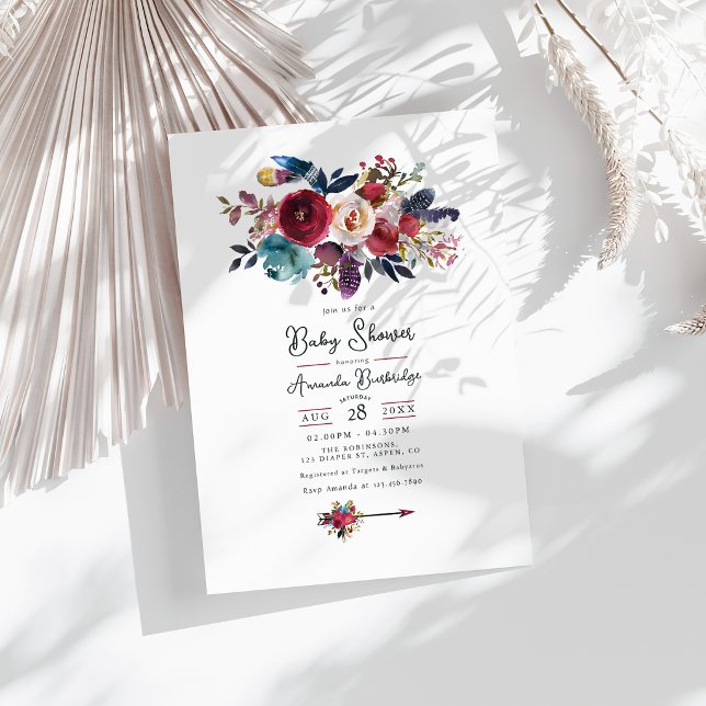 Invitación Fiesta de Baby Shower Floral Boho Borgoña Rústica (Rustic Burgundy Boho Floral Baby Shower Invitation)