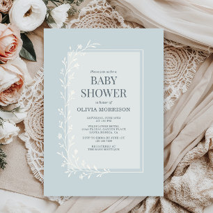 Invitación Fiesta de Baby Shower Floral Botánico Azul Polvori