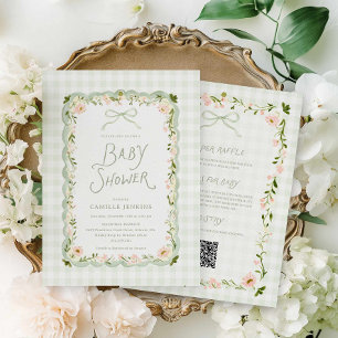 Invitación Fiesta de Baby Shower Floral de Cuadros Verdes Tod