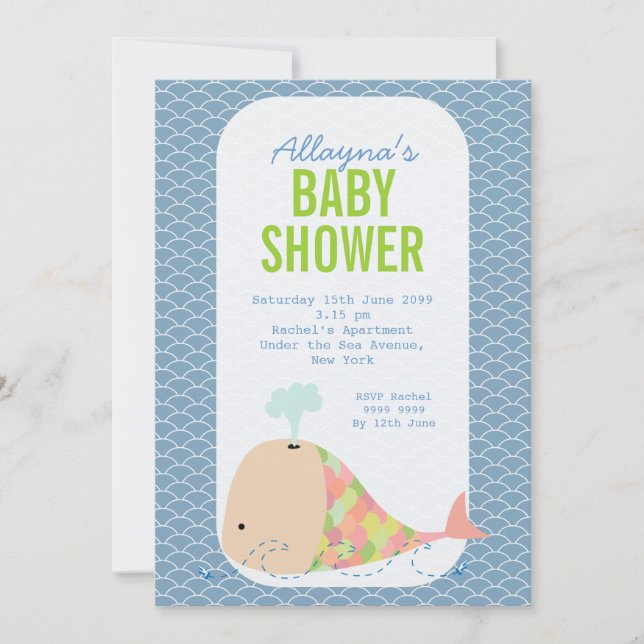 Invitación Fiesta de Baby Shower invita a la ballena cruda (Anverso)